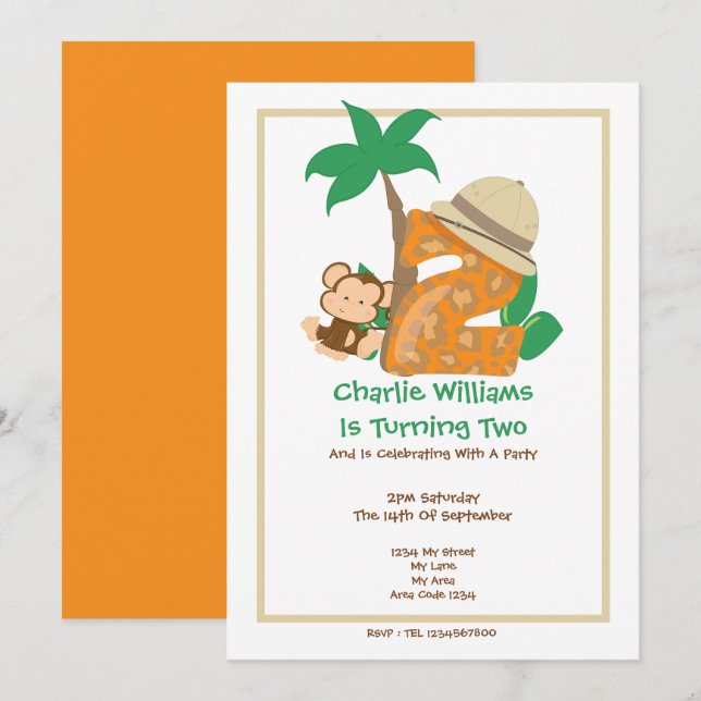 Invitation Safari Monkey Deuxième fête d'anniversaire (Devant / Derrière)