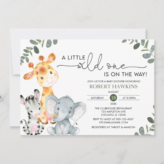 Invitation Safari neutre genre animal sauvage un Baby shower (Devant)