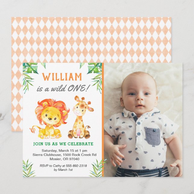 Invitation Safari premier anniversaire garçon sauvage une jun (Devant / Derrière)