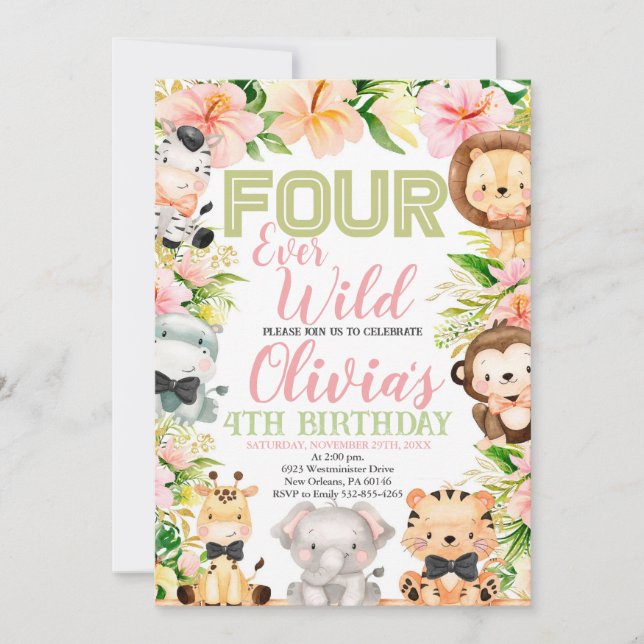 Invitation Safari quatre Ever Wild, 4e Anniversaire animaux d (Devant)