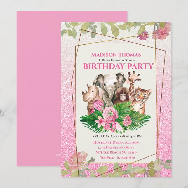 Invitation Safari Rose Cute Jungle Animaux Fête d'anniversair (Devant / Derrière)