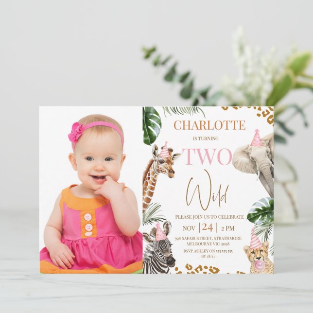 Invitation Safari rose deux Wild 2e anniversaire (Debout devant)