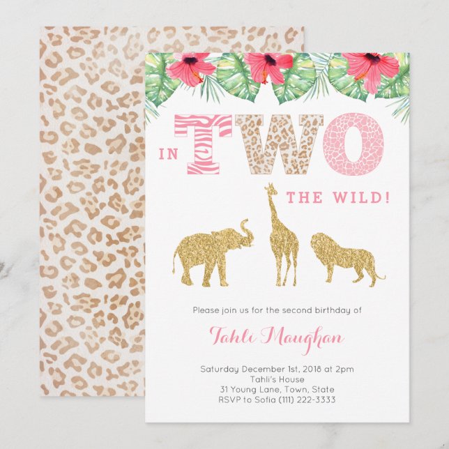 Invitation Safari rose et or sauvage 2e fête d'anniversaire (Devant / Derrière)
