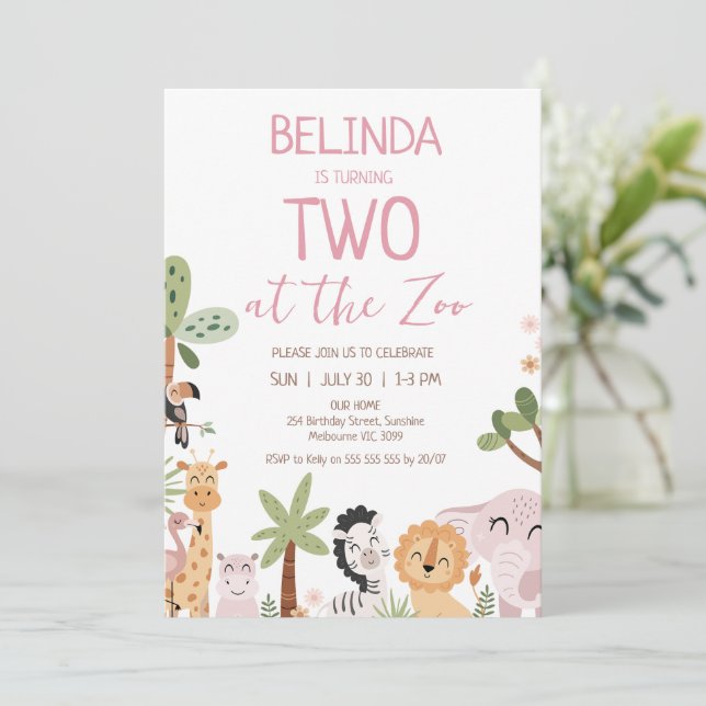 Invitation Safari rose moderne deux au Zoo 2e anniversaire (Debout devant)