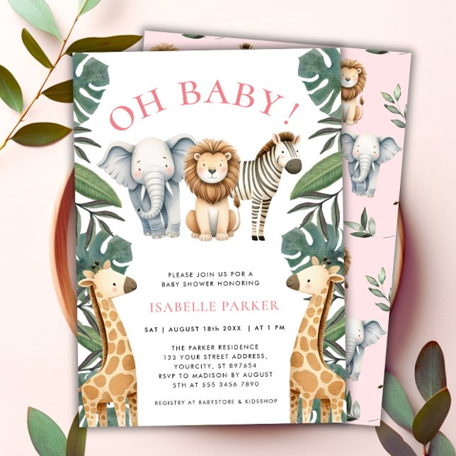 Invitation Safari sauvage Animaux Baby shower fille (Wild Safari Animals Girl Baby Shower Invitation)