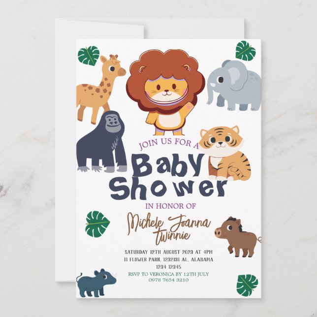 Invitation Safari Simple Cute Baby shower d'animaux de bois (Devant)