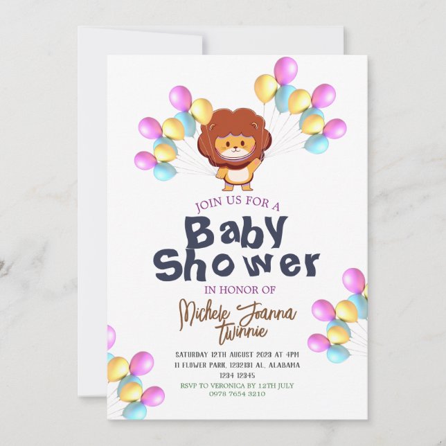 Invitation Safari Simple Cute ballons lion Baby shower (Devant)
