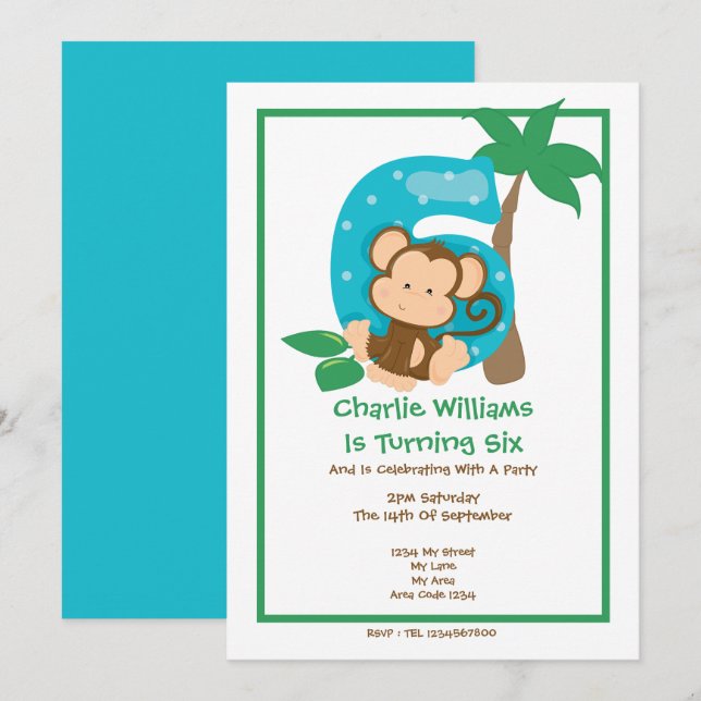 Invitation Safari Singe Sixième fête d'anniversaire (Devant / Derrière)