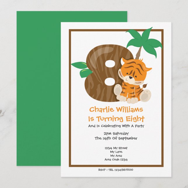 Invitation Safari Tigre Huitième fête d'anniversaire (Devant / Derrière)