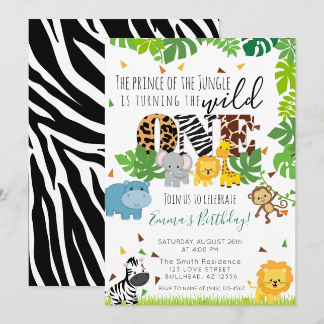 Invitation Safari Tropical Animal Sauvage 1er Anniversaire (Devant / Derrière)