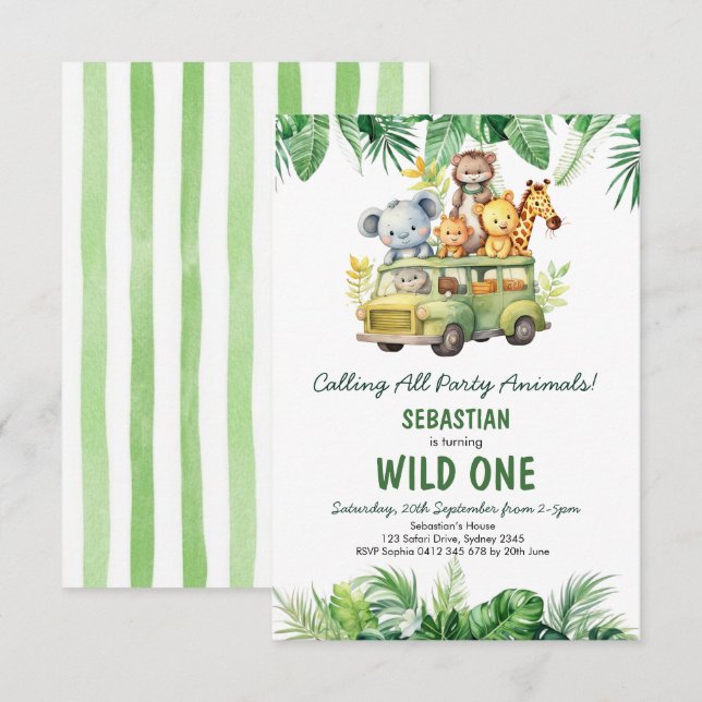 Invitation Safari tropical sauvage Une jungle Animaux Anniver (Devant / Derrière)