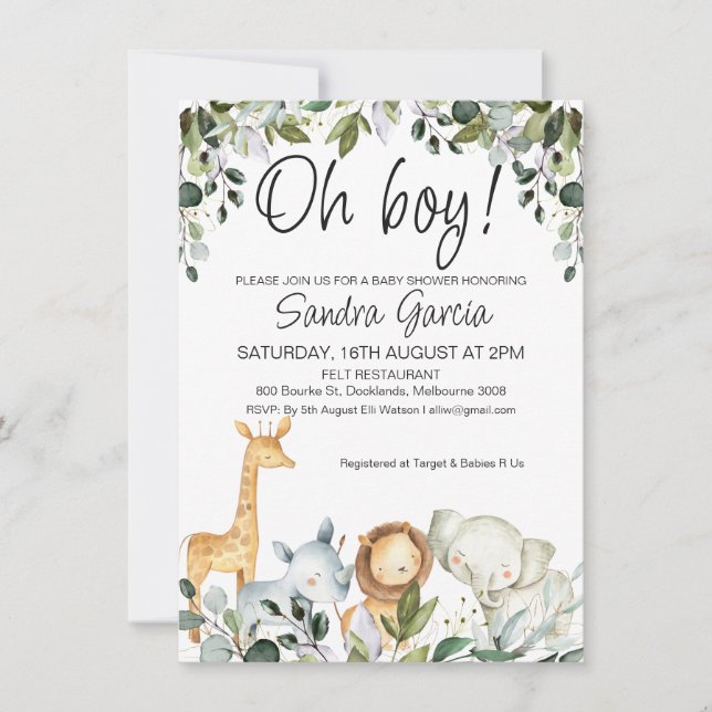 Invitation Safari vert Animaux avec Baby shower Lion (Devant)