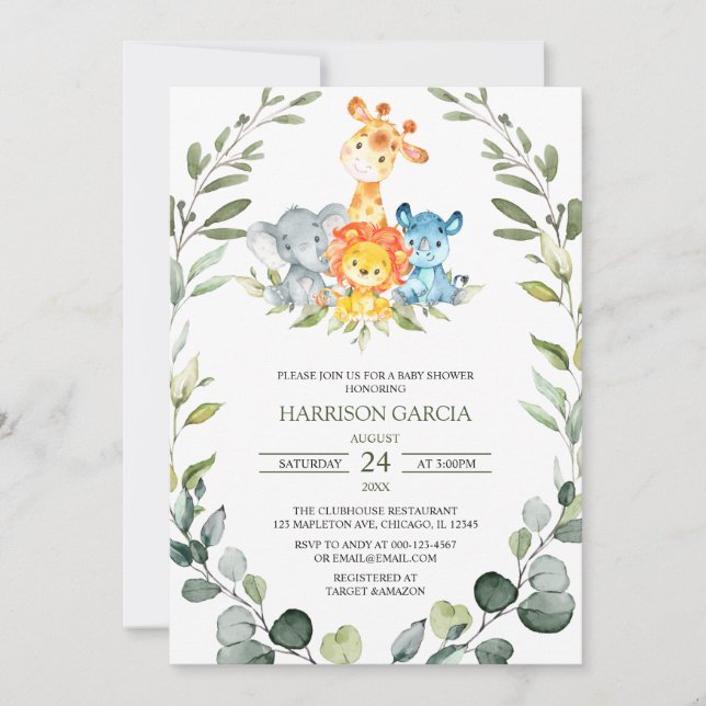 Invitation Safari vert Baby shower animaliers de la Jungle (Devant)
