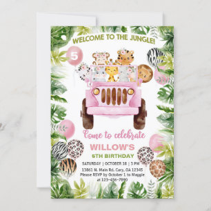 Invitation Safari voiture, voiture rose, animaux fille invita