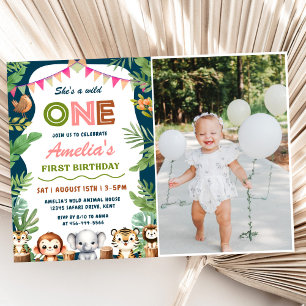 Invitation Safari Wild One 1st Girl Birthday Photo
