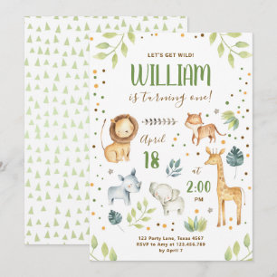 Invitation Safari Wild One Animaux Jungle Zoo Garçon Annivers