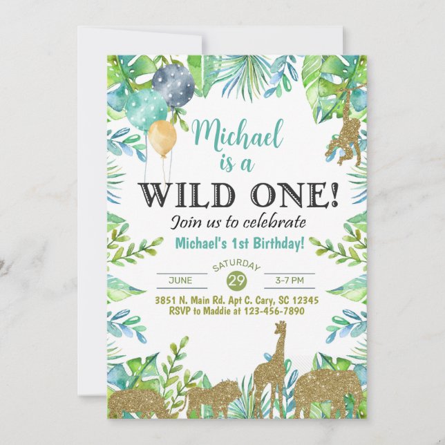 Invitation Safari Wild One boy 1st birthday invitation. (Devant)