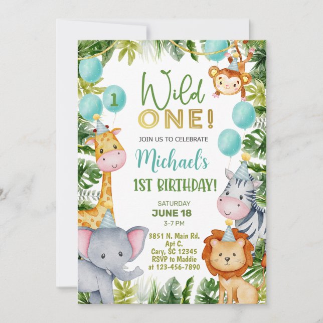Invitation Safari Wild One boy 1st birthday invitation. (Devant)