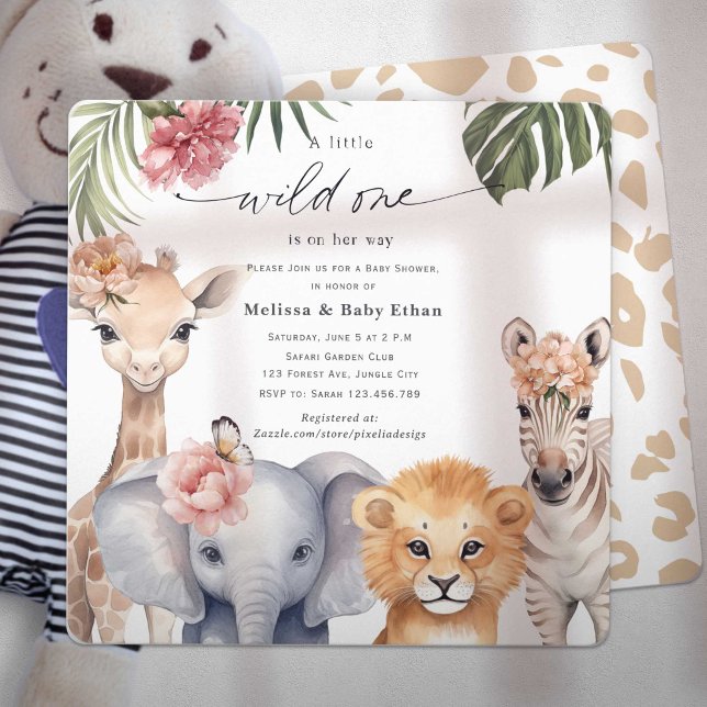 Invitation Safari Wild One est sur son chemin Baby Girl Douch (Wild One Safari Baby Animals, Baby Girl Shower. A wild One is on Her way, A Cute Baby Shower invite.)