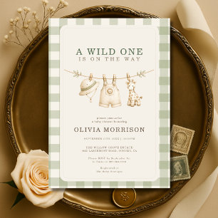 Invitation Safari Wild One Jungle Gingham Sauge Fête de Naiss