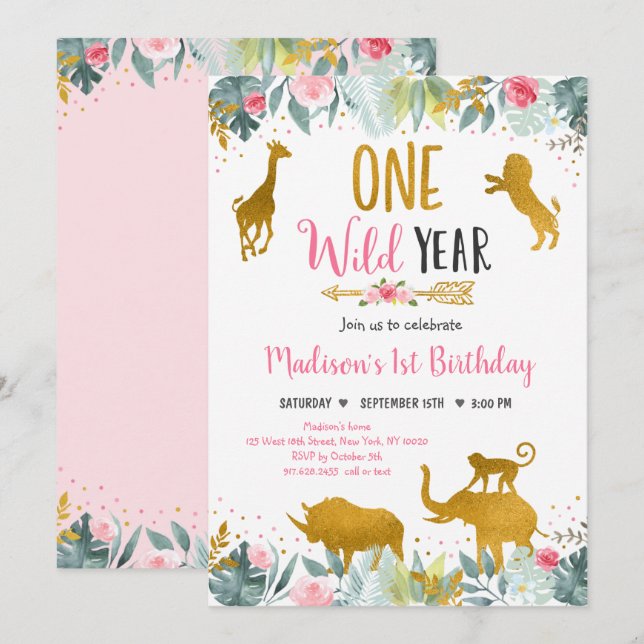 Invitation Safari Wild One Rose Gold Greenery Anniversaire (Devant / Derrière)