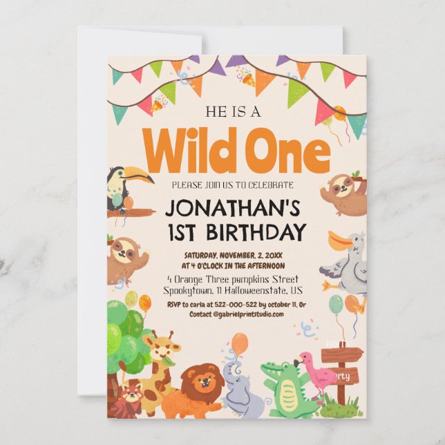 Invitation Safari Wild one Simple mignonne premier anniversai (Devant)