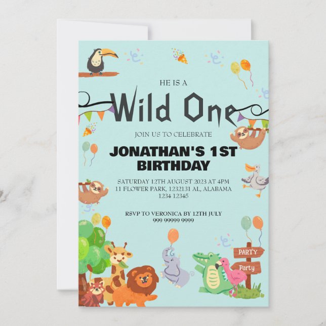 Invitation Safari Wild one Simple mignonne premier anniversai (Devant)