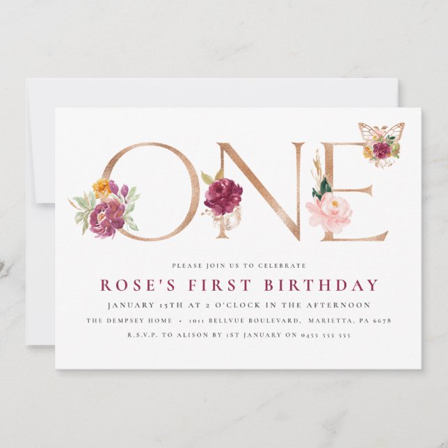 Invitation Saffron Rose Gold Floral Butterfly 1er anniversair (Devant)
