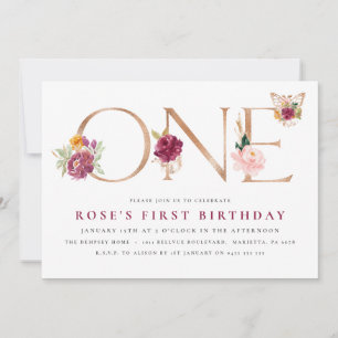 Invitation Saffron Rose Gold Floral Butterfly 1er anniversair