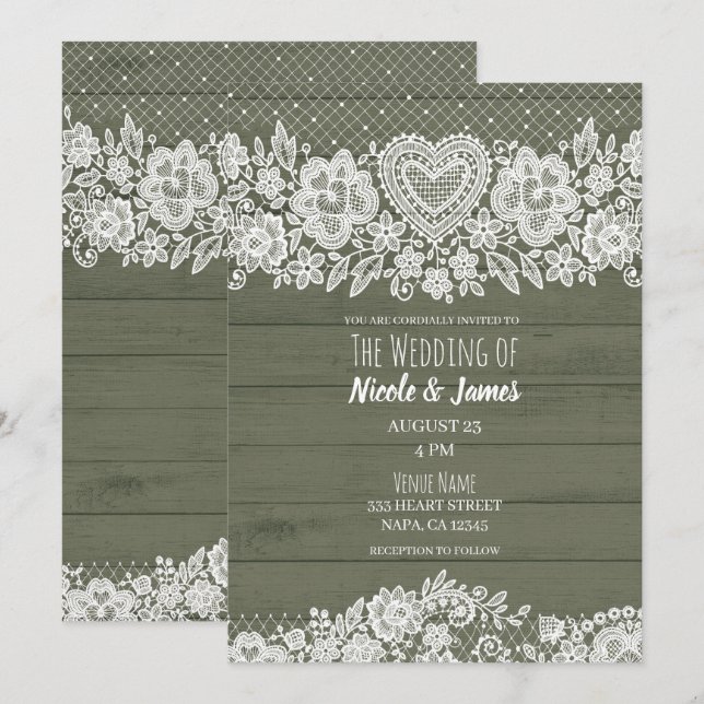 Invitation Sag Green Rustic Bois dentelle Ferme Maison Mariag (Devant / Derrière)