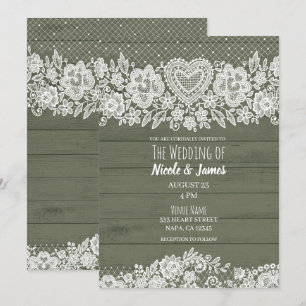 Invitation Sag Green Rustic Bois dentelle Ferme Maison Mariag