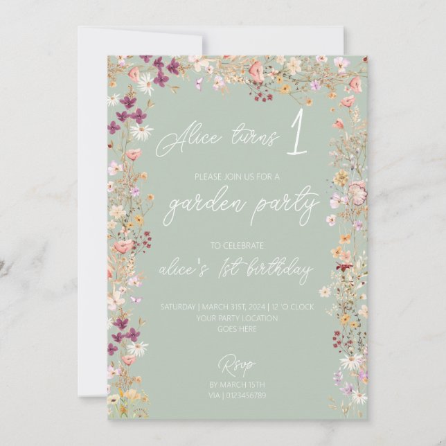 Invitation Sage 1er anniversaire fête fleur sauvage jardin (Devant)