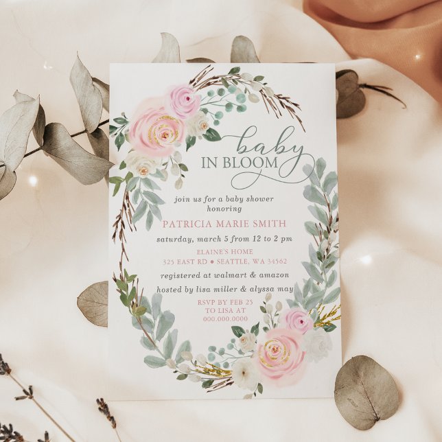 Invitation Sage Baby en Fleur Rose Floral Baby shower fille (Sage Baby in Bloom Pink Floral Girl Baby Shower Invitation)