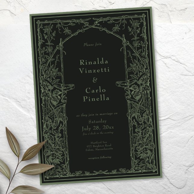 Invitation Sage Black Vintage Botanical Trellis Arch Wedding (Sage Black Vintage Botanical Trellis Arch Wedding Invitation)