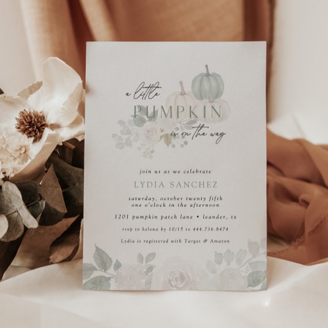 Invitation Sage & Blanc - Citrouille Floral Baby shower d'aut (Elegant modern fall baby shower designs.)