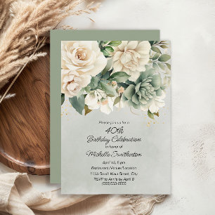 Invitation Sage Blanc Fleurs Vertes Or 40e Anniversaire