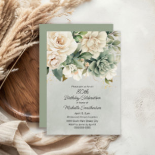 Invitation Sage Blanc Floral Vert Or 80e Anniversaire