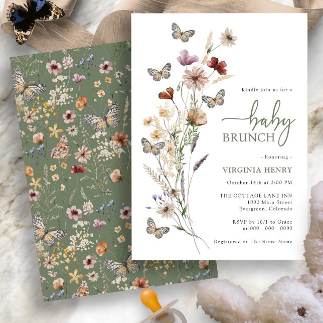 Invitation Sage Boho Fleur sauvage Baby Brunch (Sage Green Boho Wildflower Baby Brunch Invitation with Butterflies by Painted Paperie
)