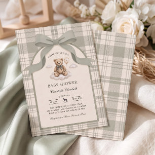 Invitation Sage Bow Teddy Bear Cloud Baby Shower