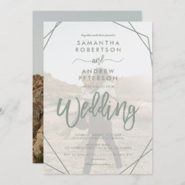 Invitation Sage cadre vert simple script photo mariage