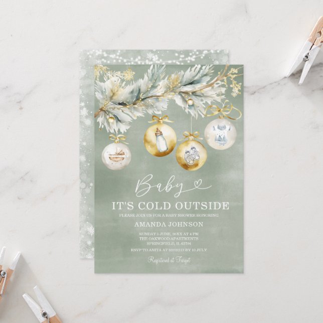 Invitation Sage Cold à l'extérieur du Baby shower de Noël des (Devant/Arrière en situation)