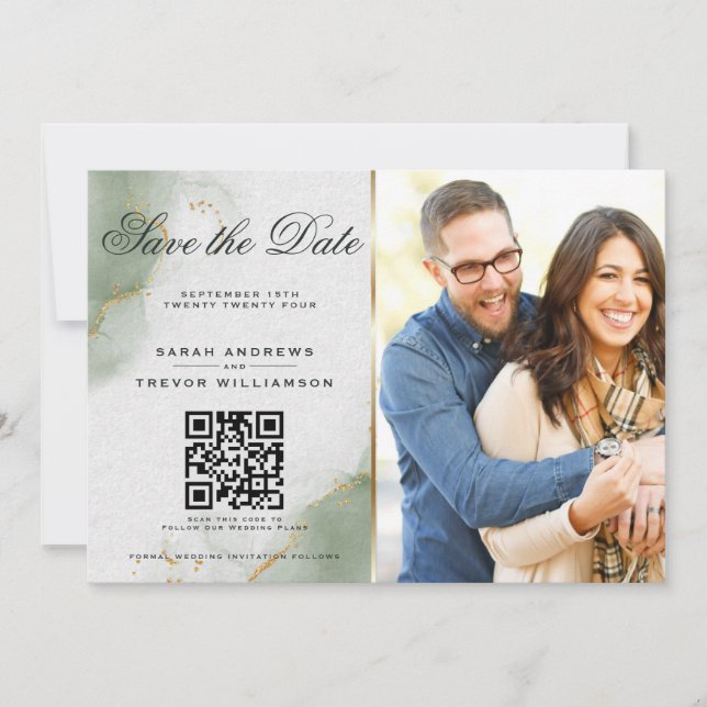Invitation Sage coupé photo et code QR Enregistrer la date (Devant)