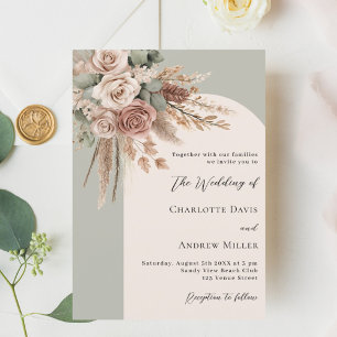 Invitation Sage crème verte rose pampas herbe arche mariage