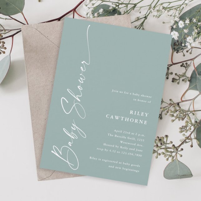 Invitation Sage de script simple Baby shower neutre de genre (Simple script sage green gender neutral  boho baby shower invitation.)
