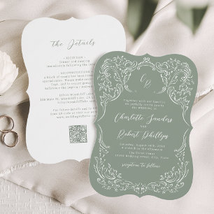 Invitation Sage Dessinée Monogramme Mariage Floraison Vintage