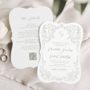 Invitation Sage Dessinée Monogramme Mariage Floral Vintage