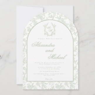 Invitation Sage Élégant Vert Toile Floral Monogramme Photo