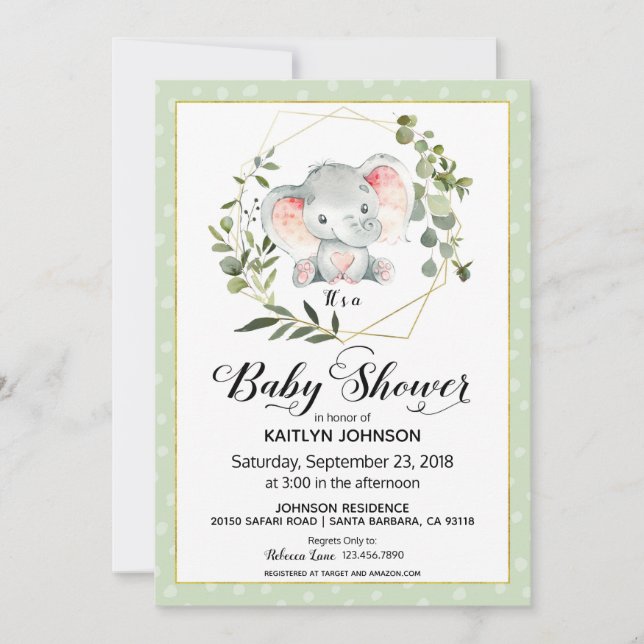 Invitation Sage Elephant Baby shower moderne (Devant)