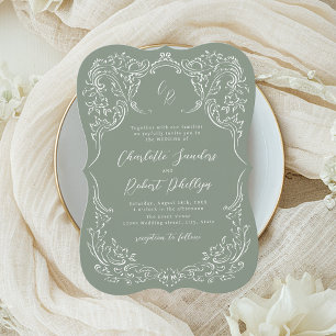 Invitation Sage Esquisse Monogramme Mariage Floral Vintage