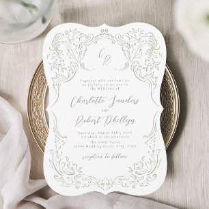 Invitation Sage Esquisse Vintage Floraison Monogramme Mariage